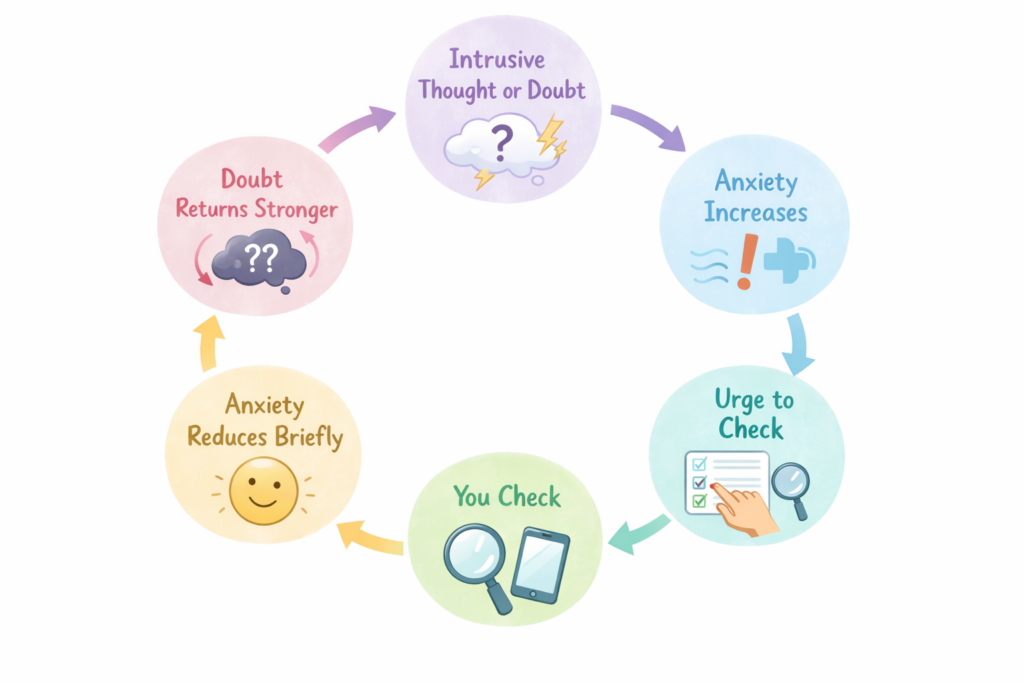 Cycle of OCD showing intrusive thoughts, anxiety, checking behaviour and temporary relief
