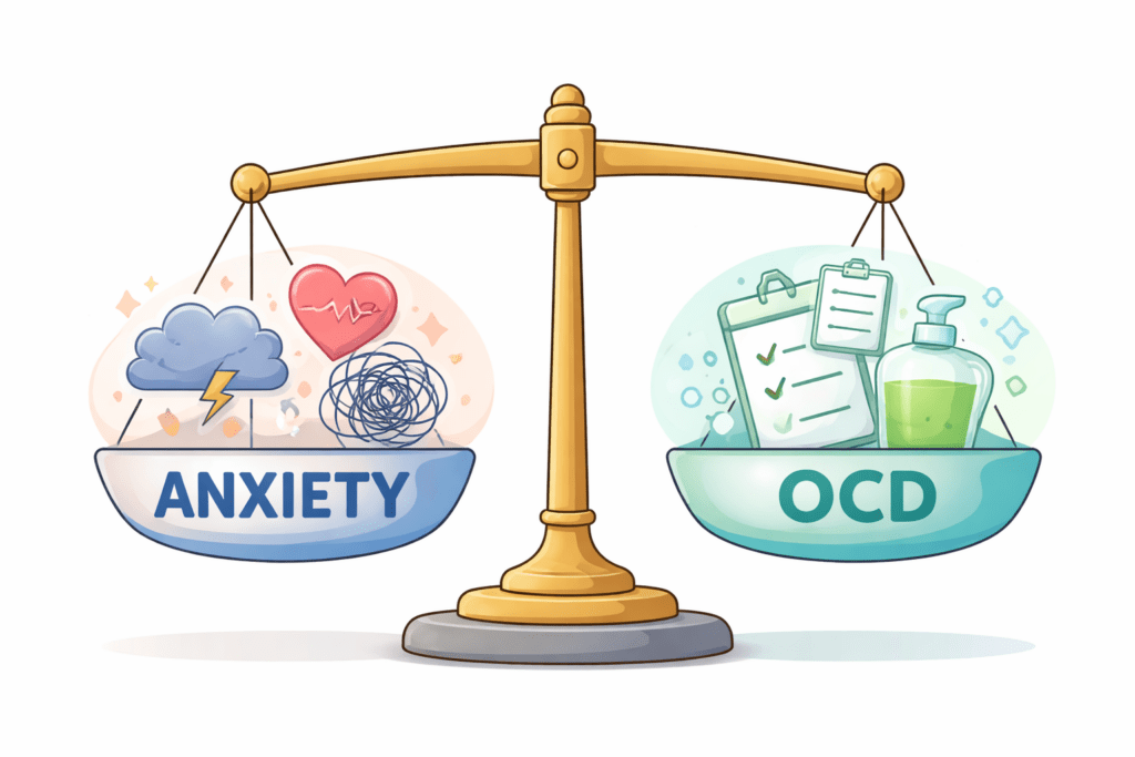 illustration showing OCD on one side, and anxiety on the other, representing the differences between disorders