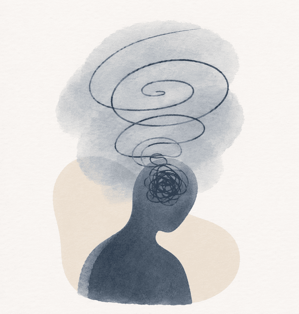 Minimalist illustration of a human silhouette with tangled scribbles in the head flowing into a large spiral above, representing escalating worry and obsessive thought patterns