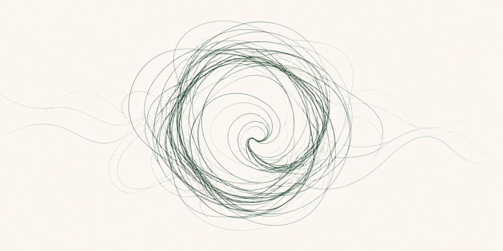 Abstract illustration of a circular thought loop in forest green on a cream background, representing the hidden, internal nature of Pure O OCD."