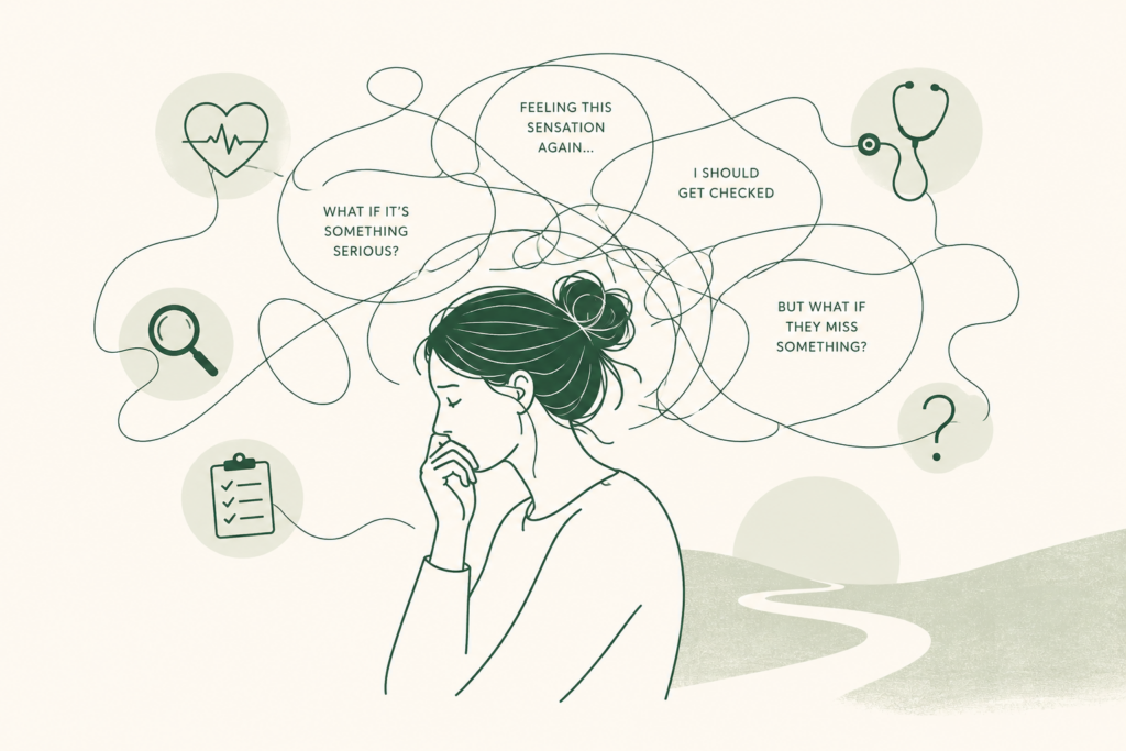 line illustration of a person thinking, representing the reflective process of understanding health anxiety symptoms"
